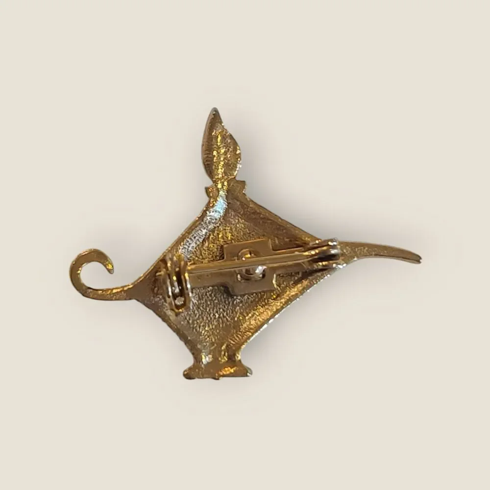 Vintage Gold Tone Red Crystal Genie Oil Lamp Pin Estate